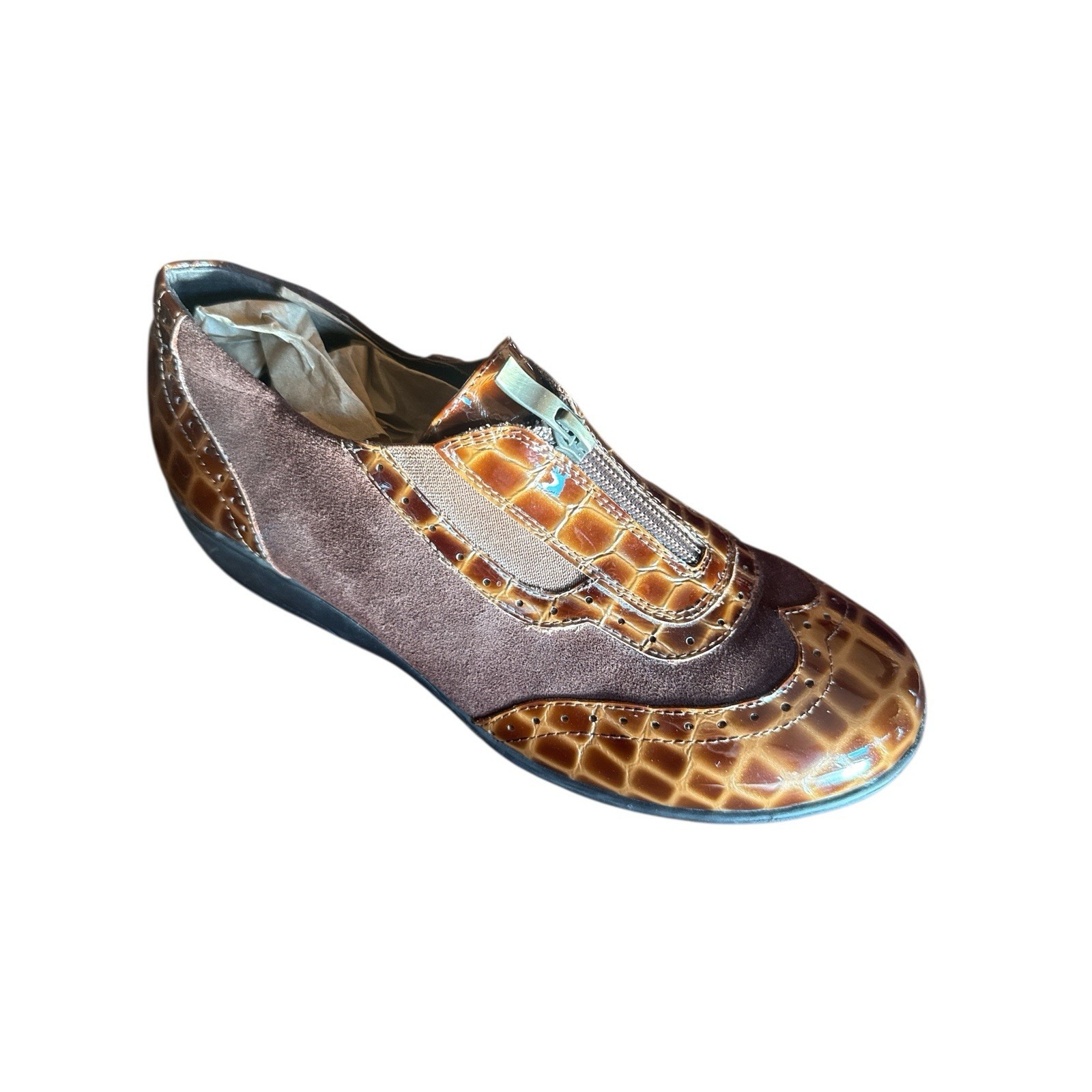 Defying Gravity Brown Patent Leather Croc Suede Woman's Size 9.5 Zip Up Shoes — image 6 of 8